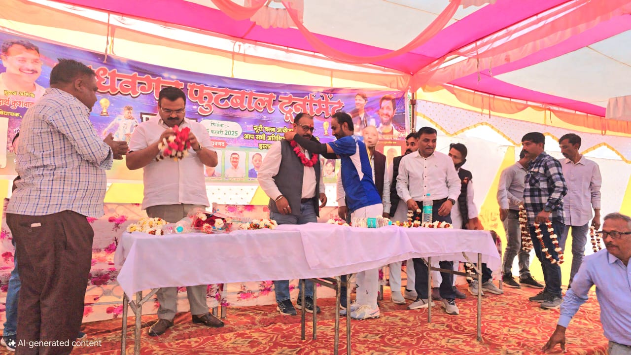 Football tournament victory celebration - Winning team receiving garlands and awards on victory podium