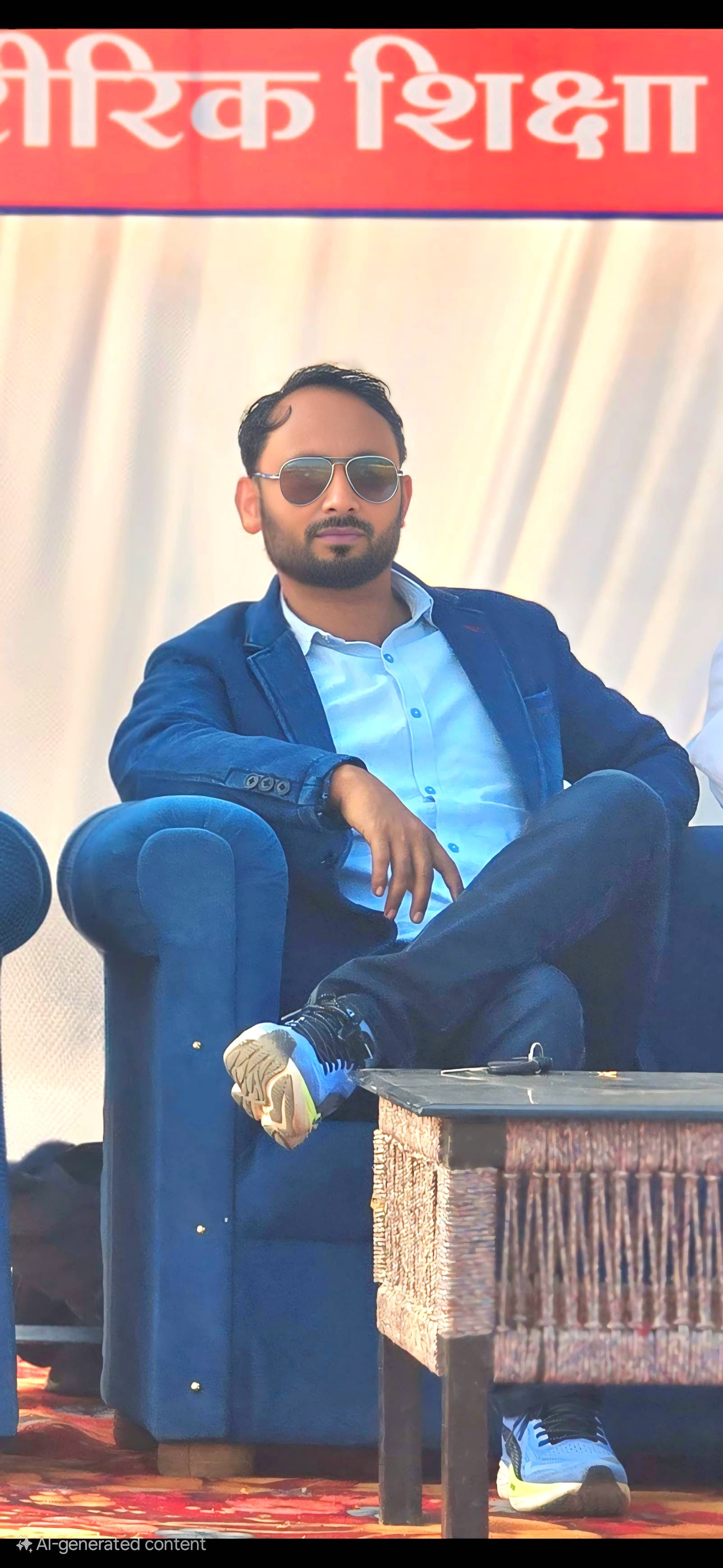 VIP lounge portrait in blue blazer - Distinguished guest appearance in exclusive sports event seating area